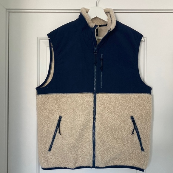 J. Crew Factory Other - JCrew Factory Medium Zipper Vest Authentic Outerwear in Navy and Cream, Faux Fur